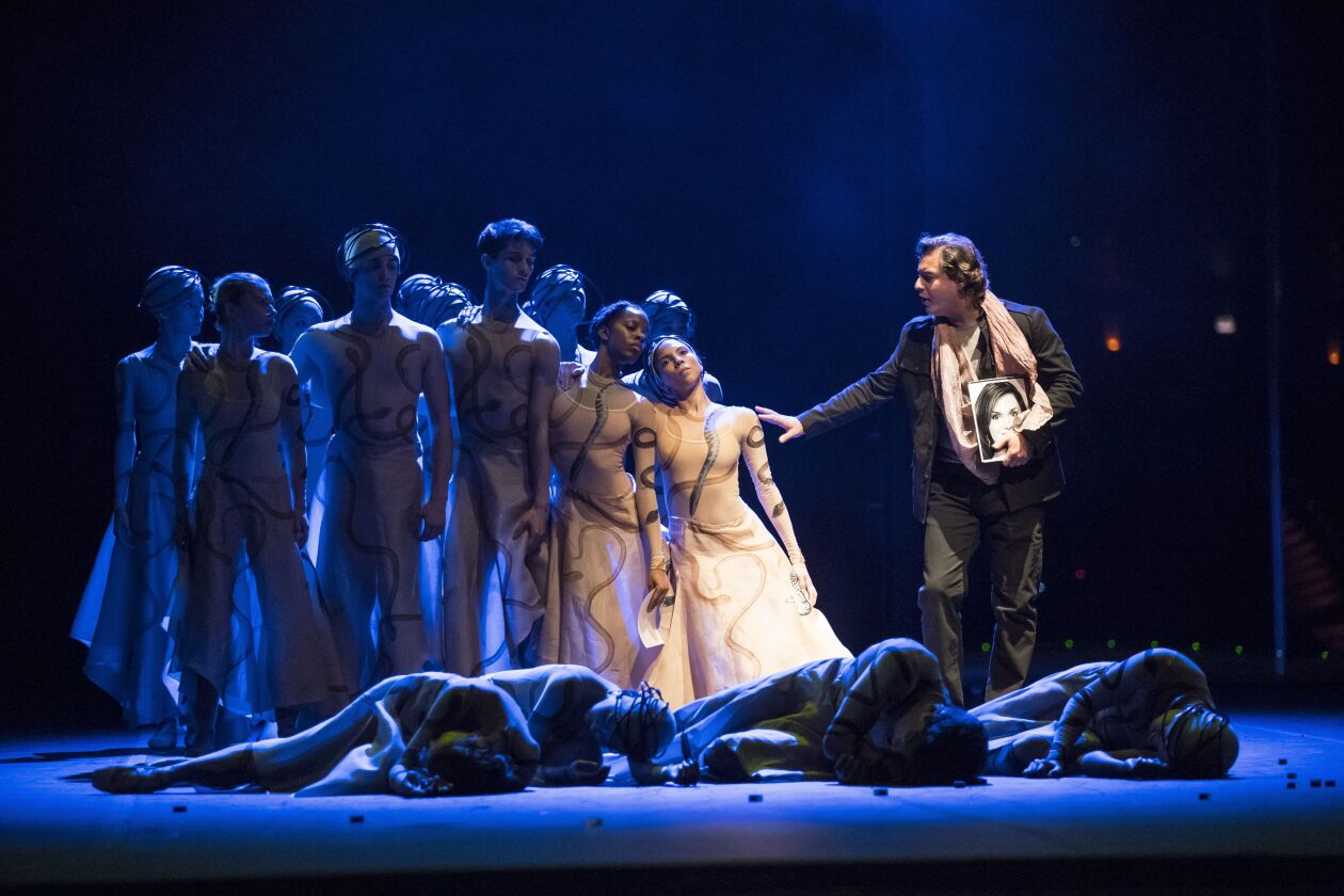 Dmitry Korchak as Orphee, with dancers of the Joffrey Ballet in the Lyric Opera production of “Orphee et Eurydice.” (Todd Rosenberg Photography)